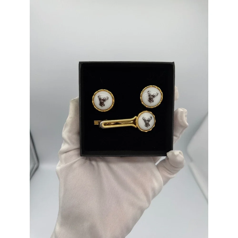 Vintage stag deer cufflinks for hunters Mens Gold‎ Tone Tie Clip Set Japan